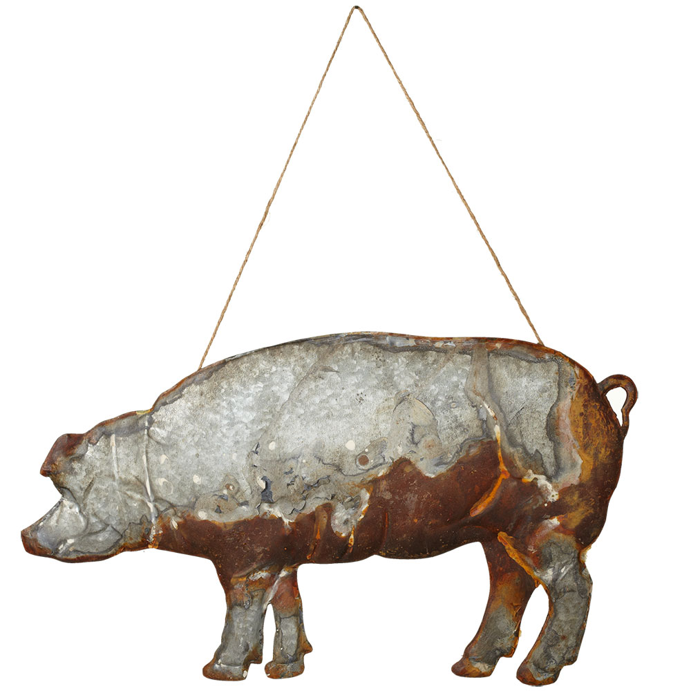Antiqued Pig Wall Decor with Rope Hanger